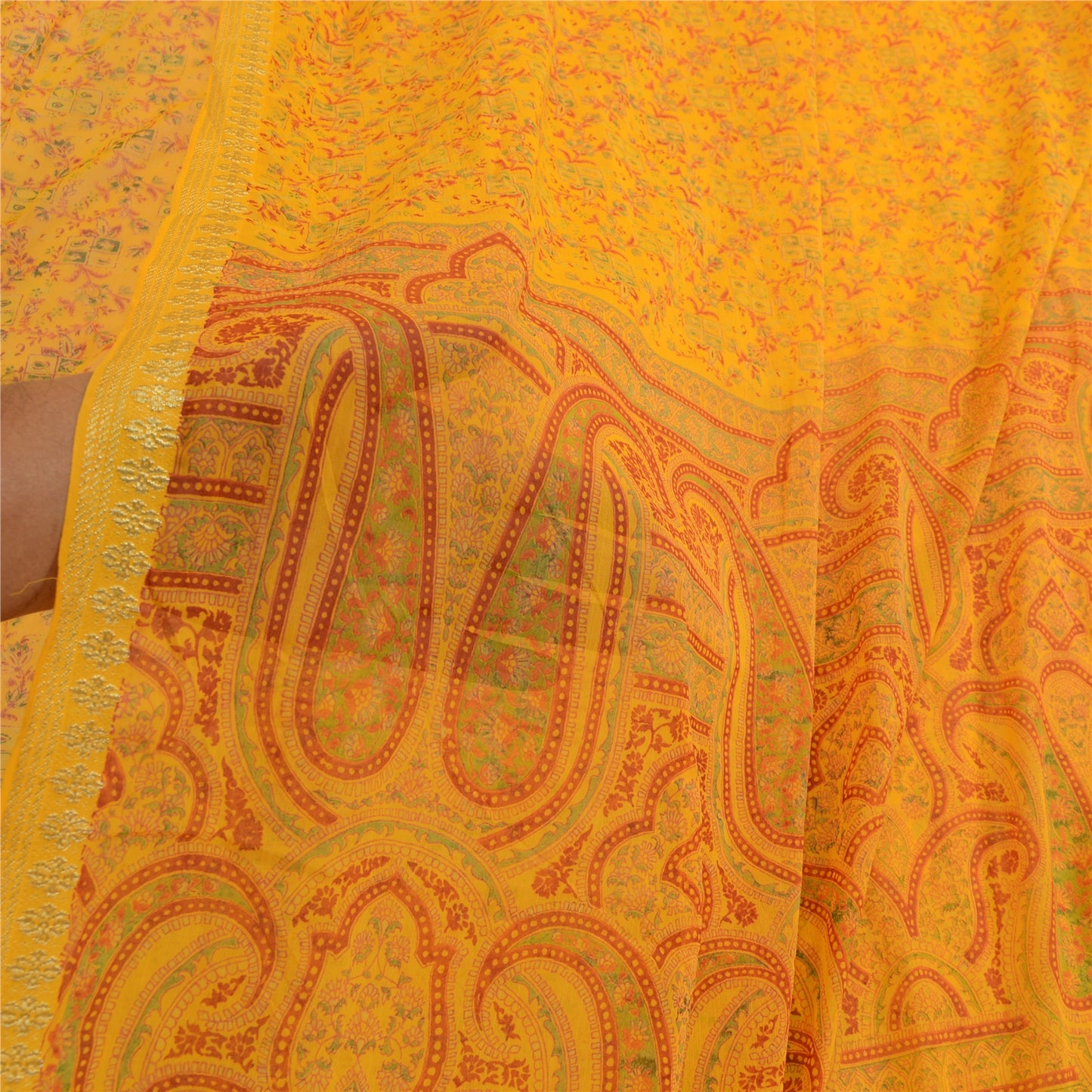 Sanskriti Vintage Saree Yellow Chiffon Zari Border-Floral Paisley Printed Sari 6+Yd Craft Fabric Uses-linen, Cushions, Curtains, Dressing