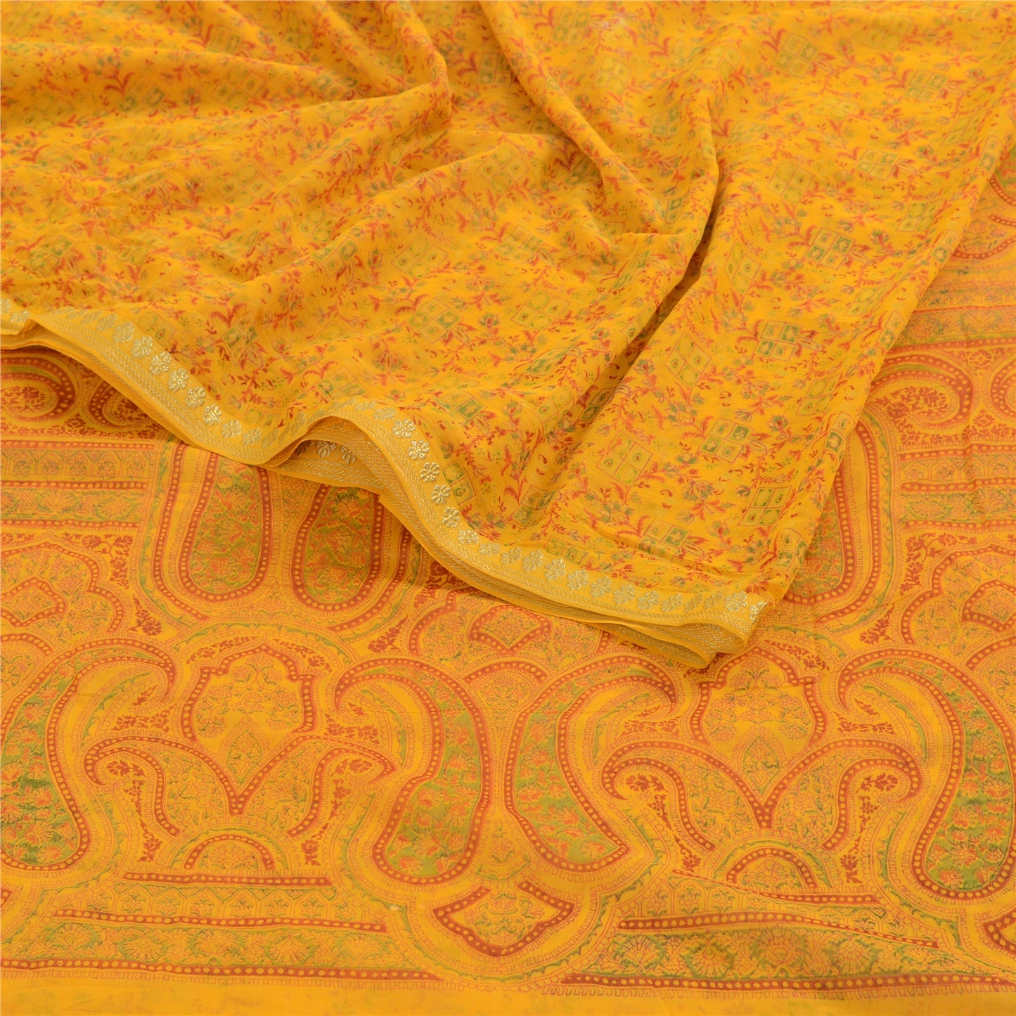 Sanskriti Vintage Saree Yellow Chiffon Zari Border-Floral Paisley Printed Sari 6+Yd Craft Fabric Uses-linen, Cushions, Curtains, Dressing