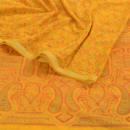 Sanskriti Vintage Saree Yellow Chiffon Zari Border-Floral Paisley Printed Sari 6+Yd Craft Fabric Uses-linen, Cushions, Curtains, Dressing