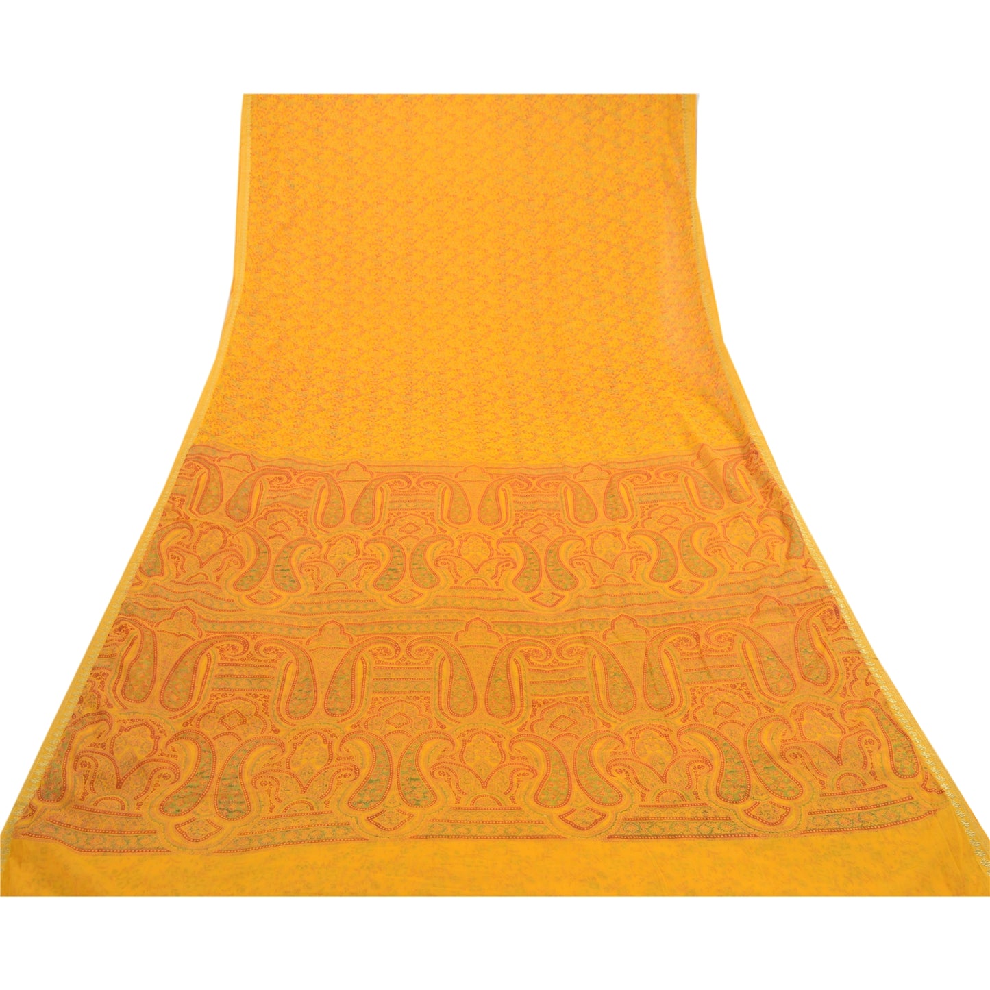 Sanskriti Vintage Saree Yellow Chiffon Zari Border-Floral Paisley Printed Sari 6+Yd Craft Fabric Uses-linen, Cushions, Curtains, Dressing