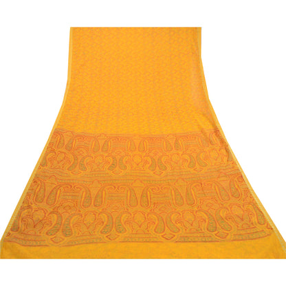 Sanskriti Vintage Saree Yellow Chiffon Zari Border-Floral Paisley Printed Sari 6+Yd Craft Fabric Uses-linen, Cushions, Curtains, Dressing