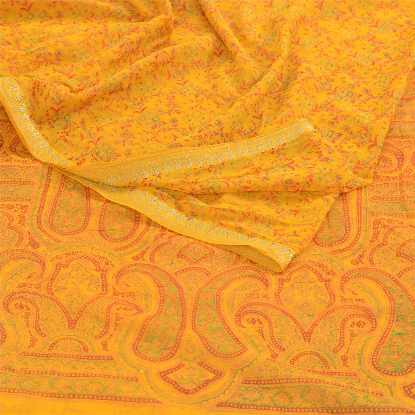 Sanskriti Vintage Saree Yellow Chiffon Zari Border-Floral Paisley Printed Sari 6+Yd Craft Fabric Uses-linen, Cushions, Curtains, Dressing