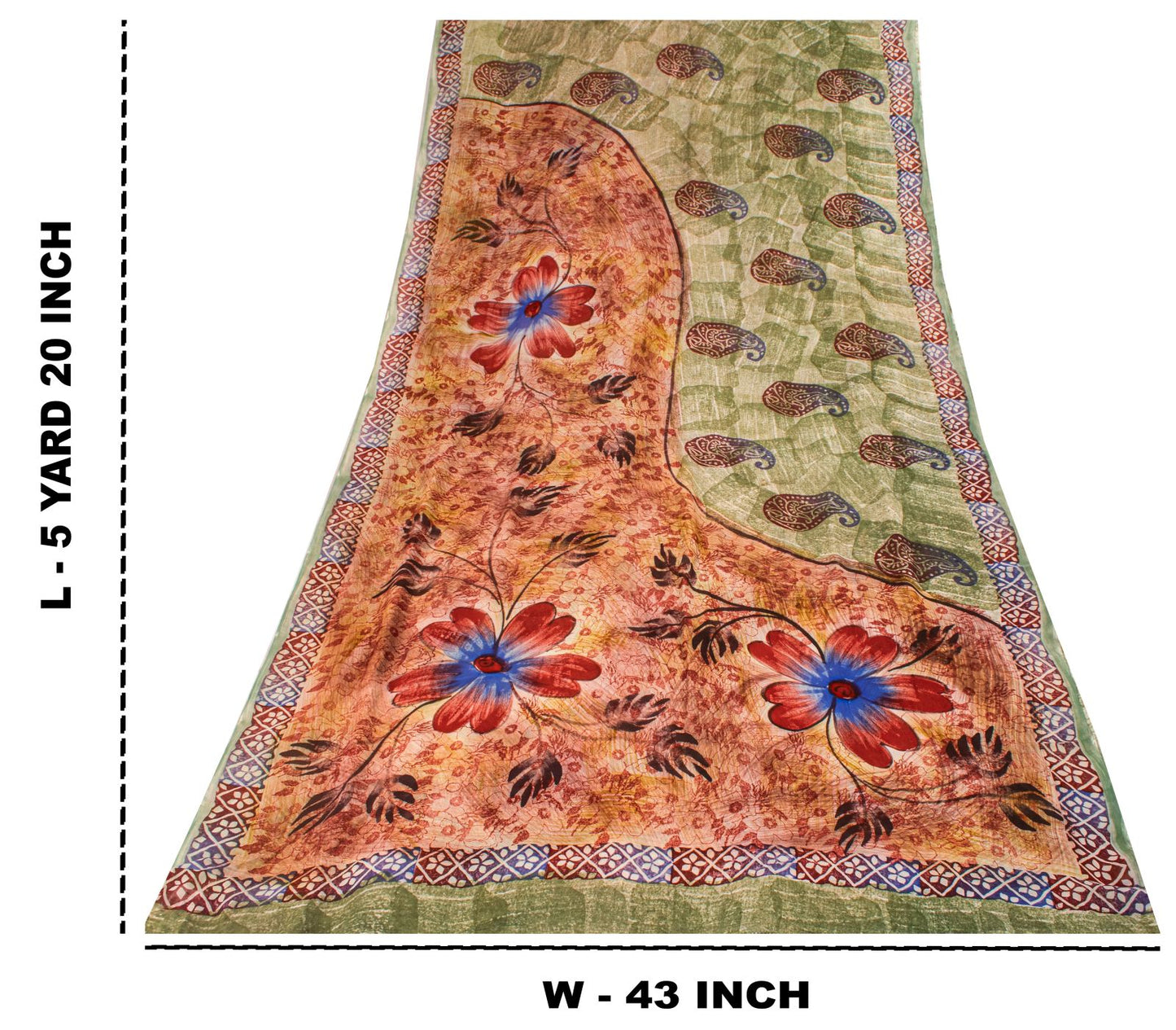Sanskriti Vintage Saree Green Pure Georgette Floral Printed Sari 5.5+Yard Fabric