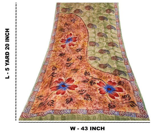 Sanskriti Vintage Saree Green Pure Georgette Floral Printed Sari 5.5+Yard Fabric