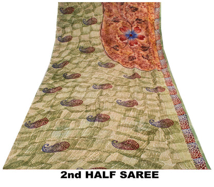 Sanskriti Vintage Saree Green Pure Georgette Floral Printed Sari 5.5+Yard Fabric