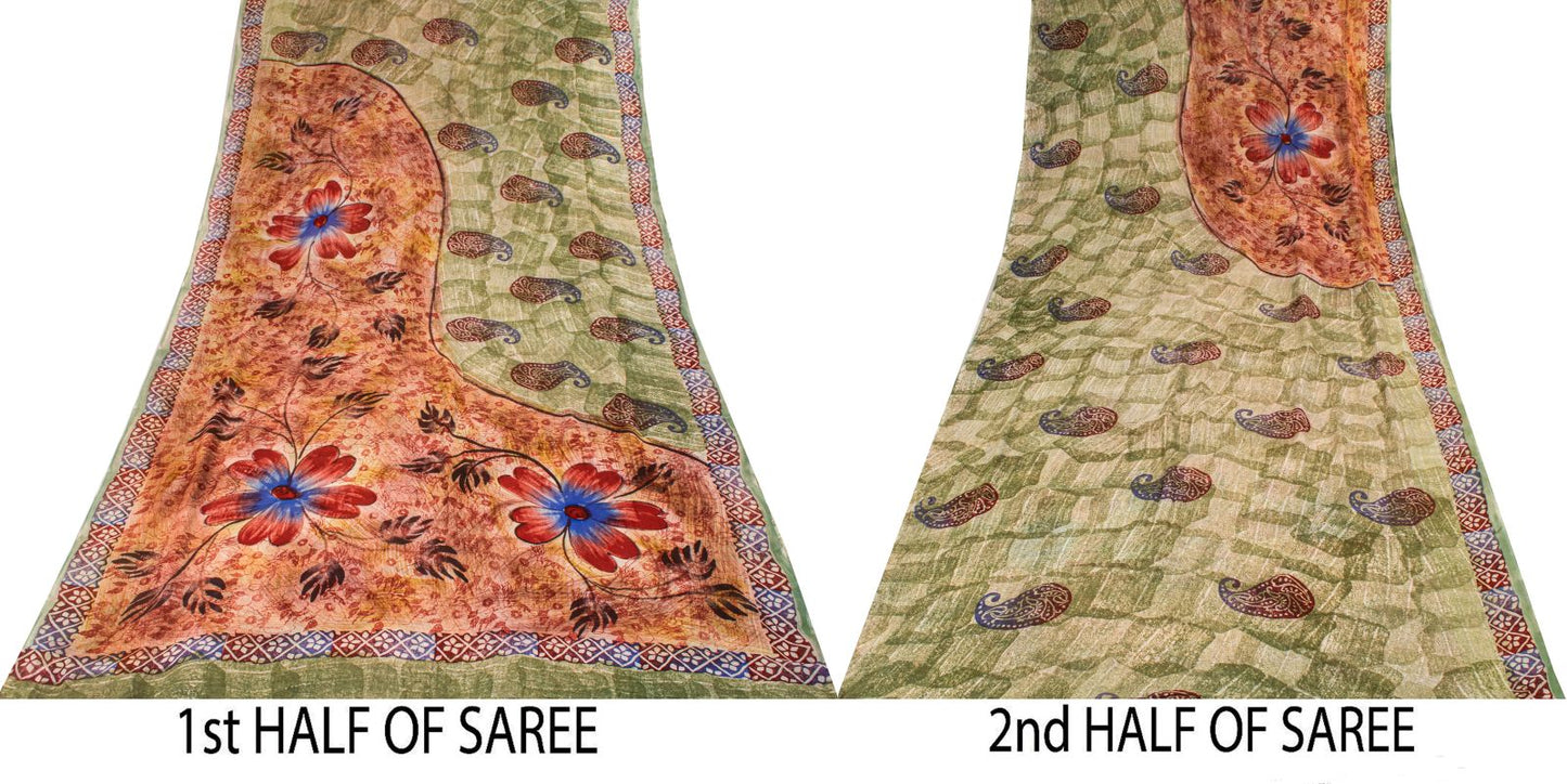 Sanskriti Vintage Saree Green Pure Georgette Floral Printed Sari 5.5+Yard Fabric