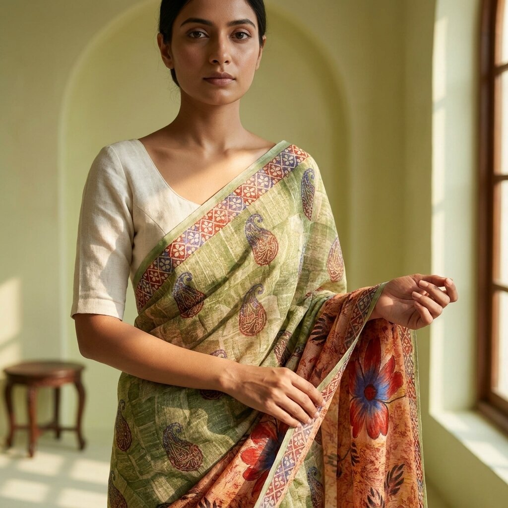 Sanskriti Vintage Saree Green Pure Georgette Floral Printed Sari 5.5+Yard Fabric