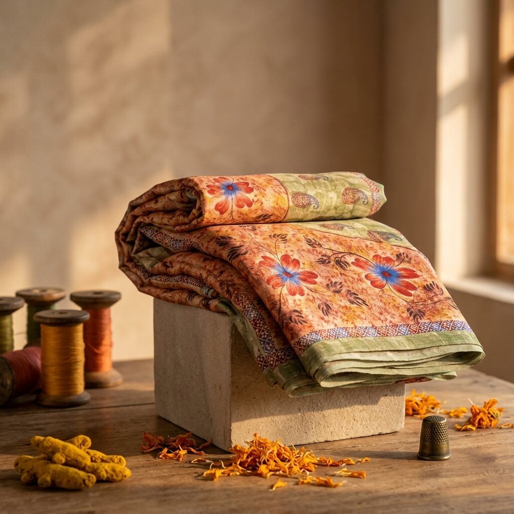 Sanskriti Vintage Saree Green Pure Georgette Floral Printed Sari 5.5+Yard Fabric