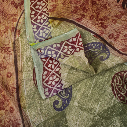 Sanskriti Vintage Saree Green Pure Georgette Floral Printed Sari 5.5+Yard Fabric