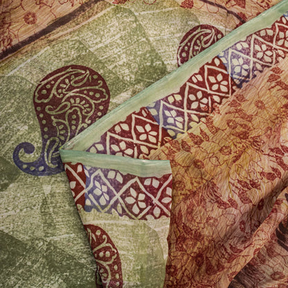 Sanskriti Vintage Saree Green Pure Georgette Floral Printed Sari 5.5+Yard Fabric