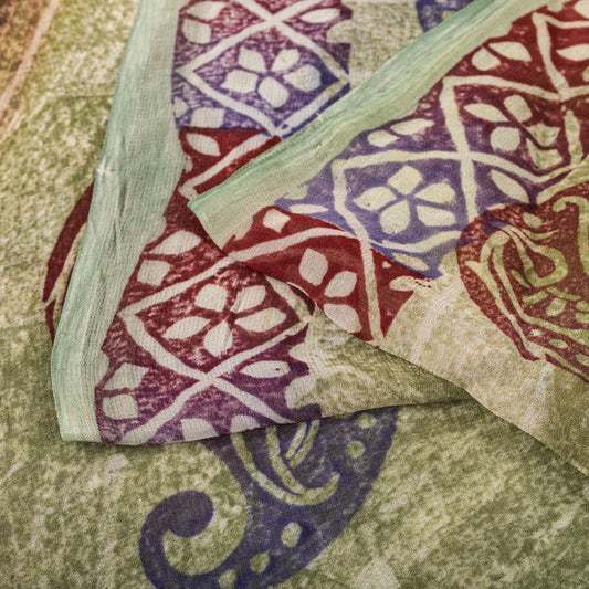 Sanskriti Vintage Saree Green Pure Georgette Floral Printed Sari 5.5+Yard Fabric