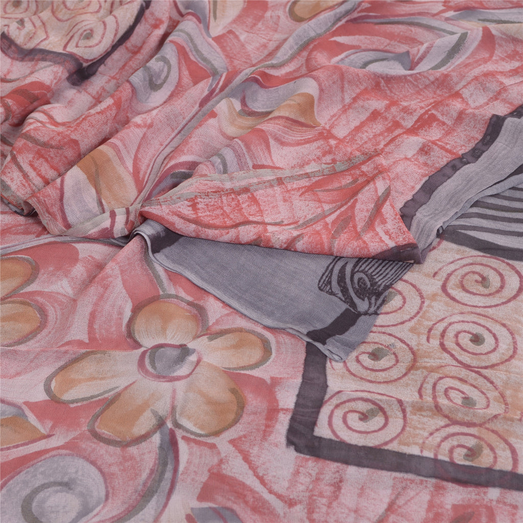 Sanskriti Vintage Sarees Pink & Gray Pure Georgette Silk Print Sari Craft Fabric