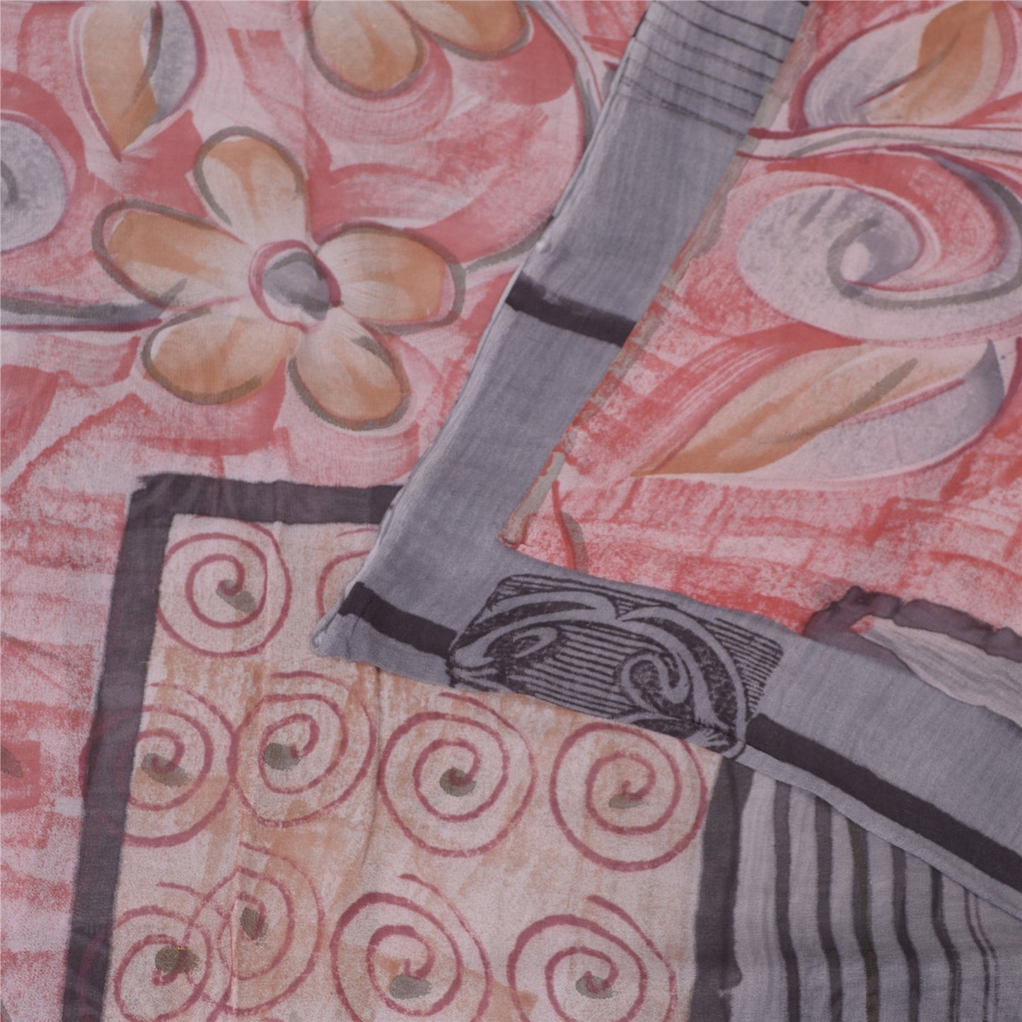 Sanskriti Vintage Sarees Pink & Gray Pure Georgette Silk Print Sari Craft Fabric