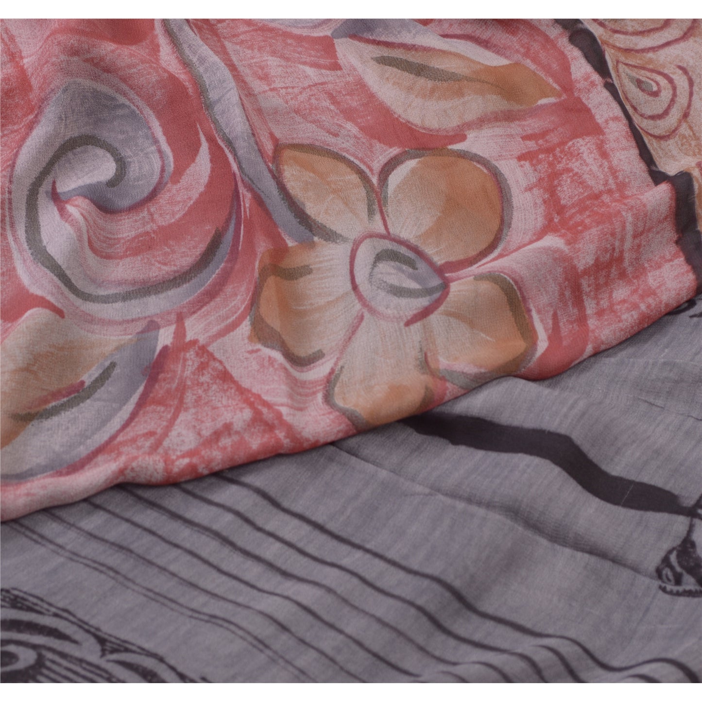 Sanskriti Vintage Sarees Pink & Gray Pure Georgette Silk Print Sari Craft Fabric