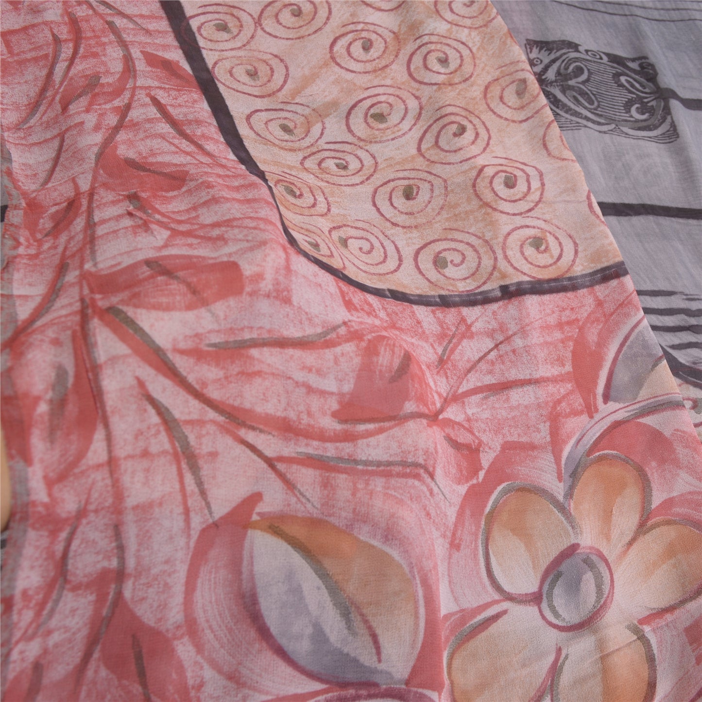 Sanskriti Vintage Sarees Pink & Gray Pure Georgette Silk Print Sari Craft Fabric