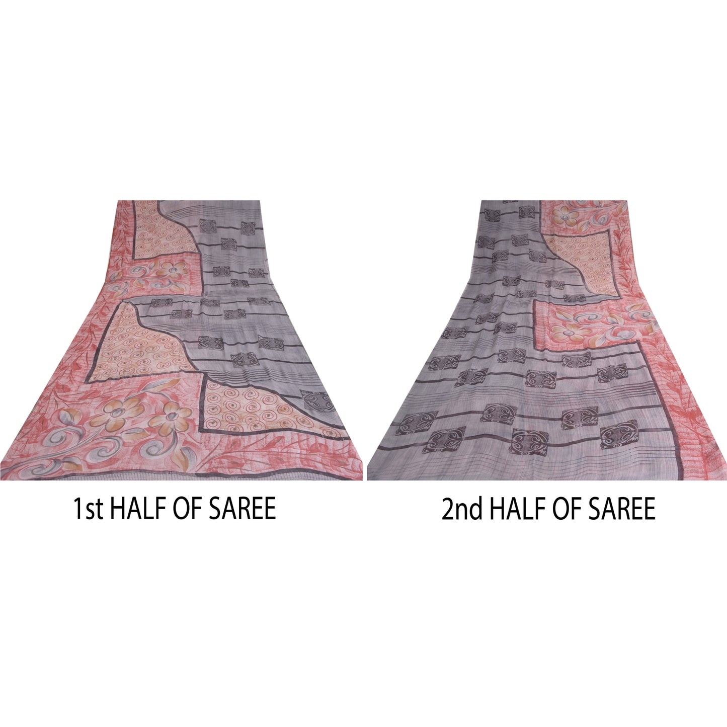 Sanskriti Vintage Sarees Pink & Gray Pure Georgette Silk Print Sari Craft Fabric