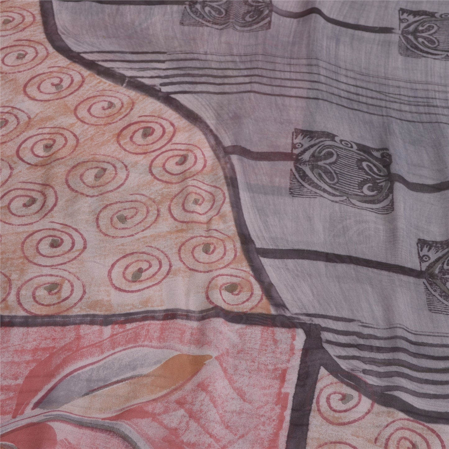 Sanskriti Vintage Sarees Pink & Gray Pure Georgette Silk Print Sari Craft Fabric