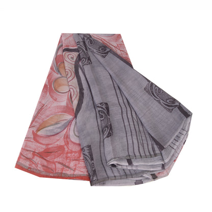 Sanskriti Vintage Sarees Pink & Gray Pure Georgette Silk Print Sari Craft Fabric