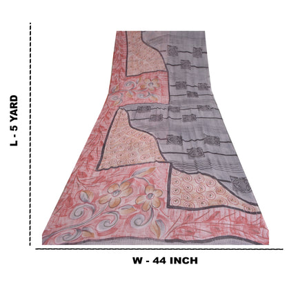 Sanskriti Vintage Sarees Pink & Gray Pure Georgette Silk Print Sari Craft Fabric