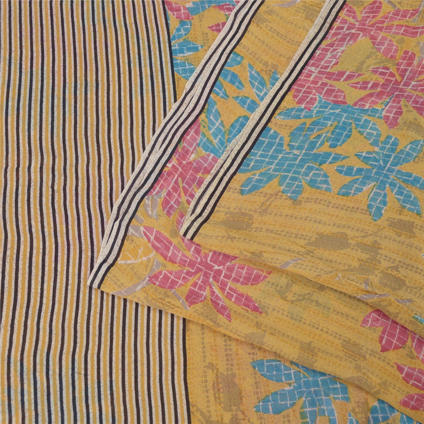 Sanskriti Vintage Yellow Saree Pure Georgette Silk Printed 5 Yd Sari Craft Fabri