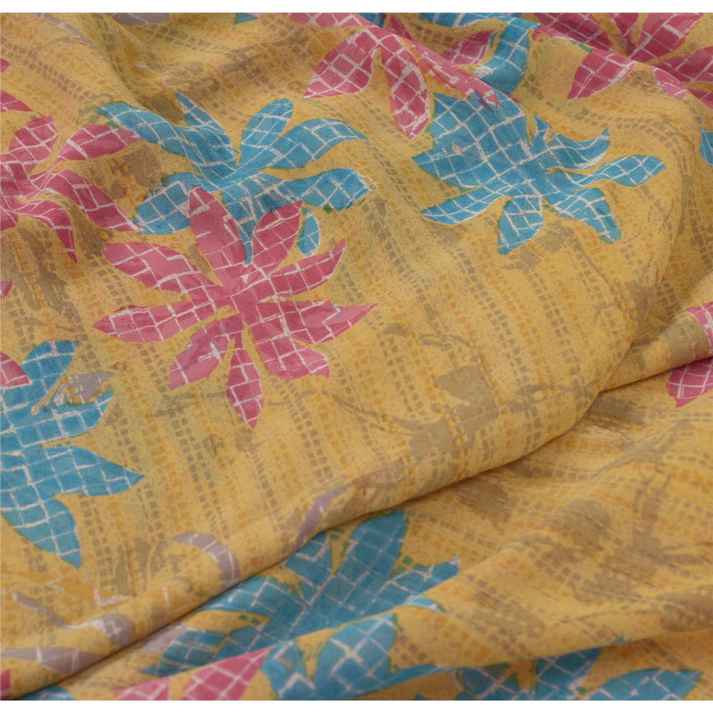 Sanskriti Vintage Yellow Saree Pure Georgette Silk Printed 5 Yd Sari Craft Fabri