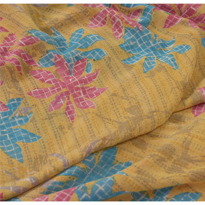 Sanskriti Vintage Yellow Saree Pure Georgette Silk Printed 5 Yd Sari Craft Fabri