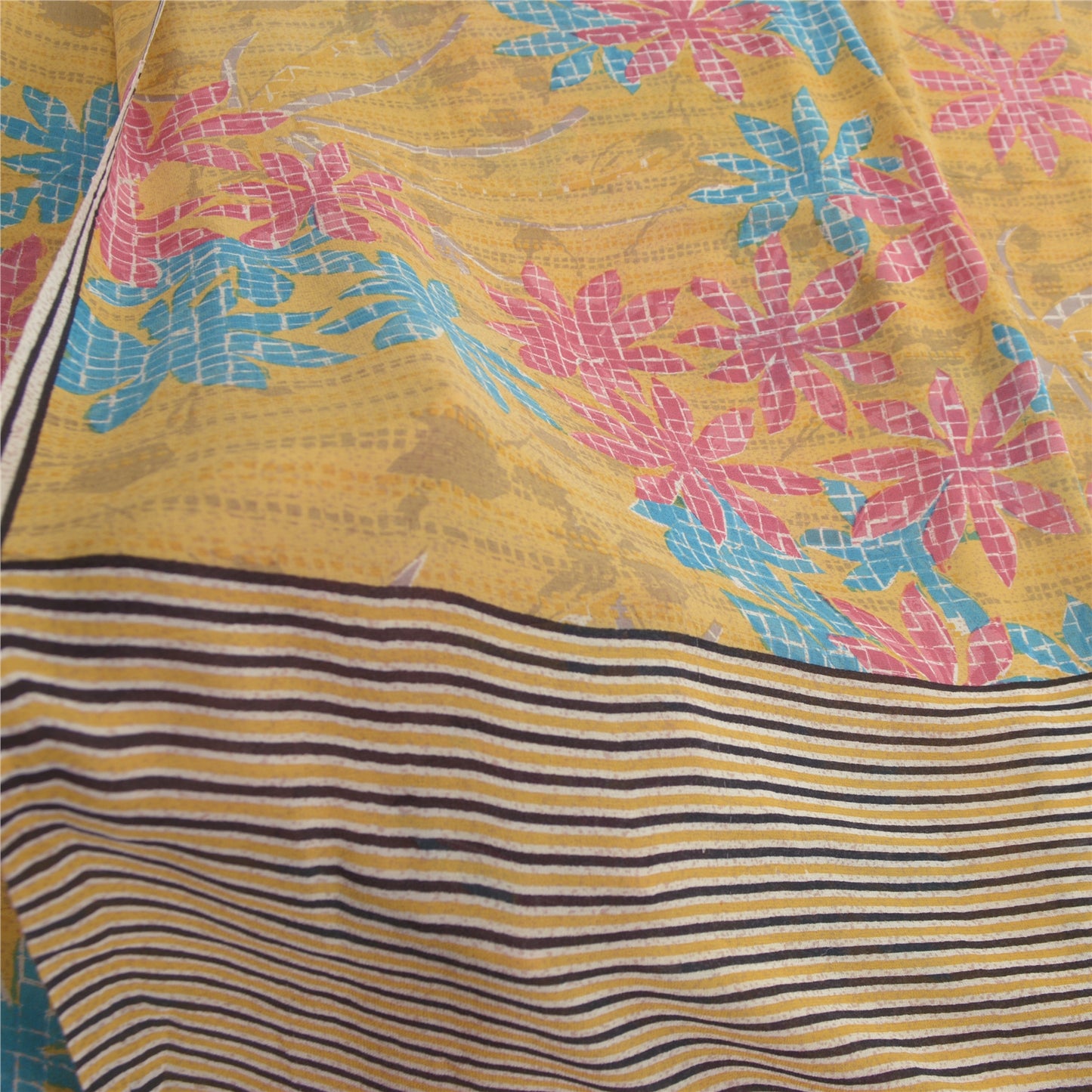 Sanskriti Vintage Yellow Saree Pure Georgette Silk Printed 5 Yd Sari Craft Fabri