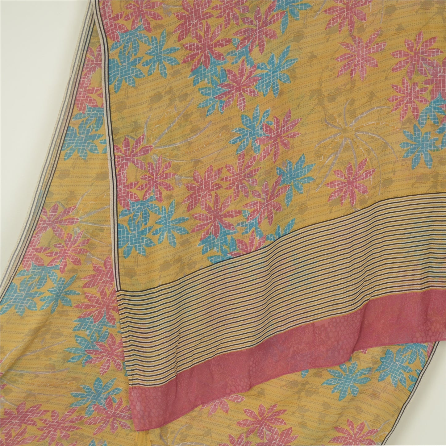 Sanskriti Vintage Yellow Saree Pure Georgette Silk Printed 5 Yd Sari Craft Fabri