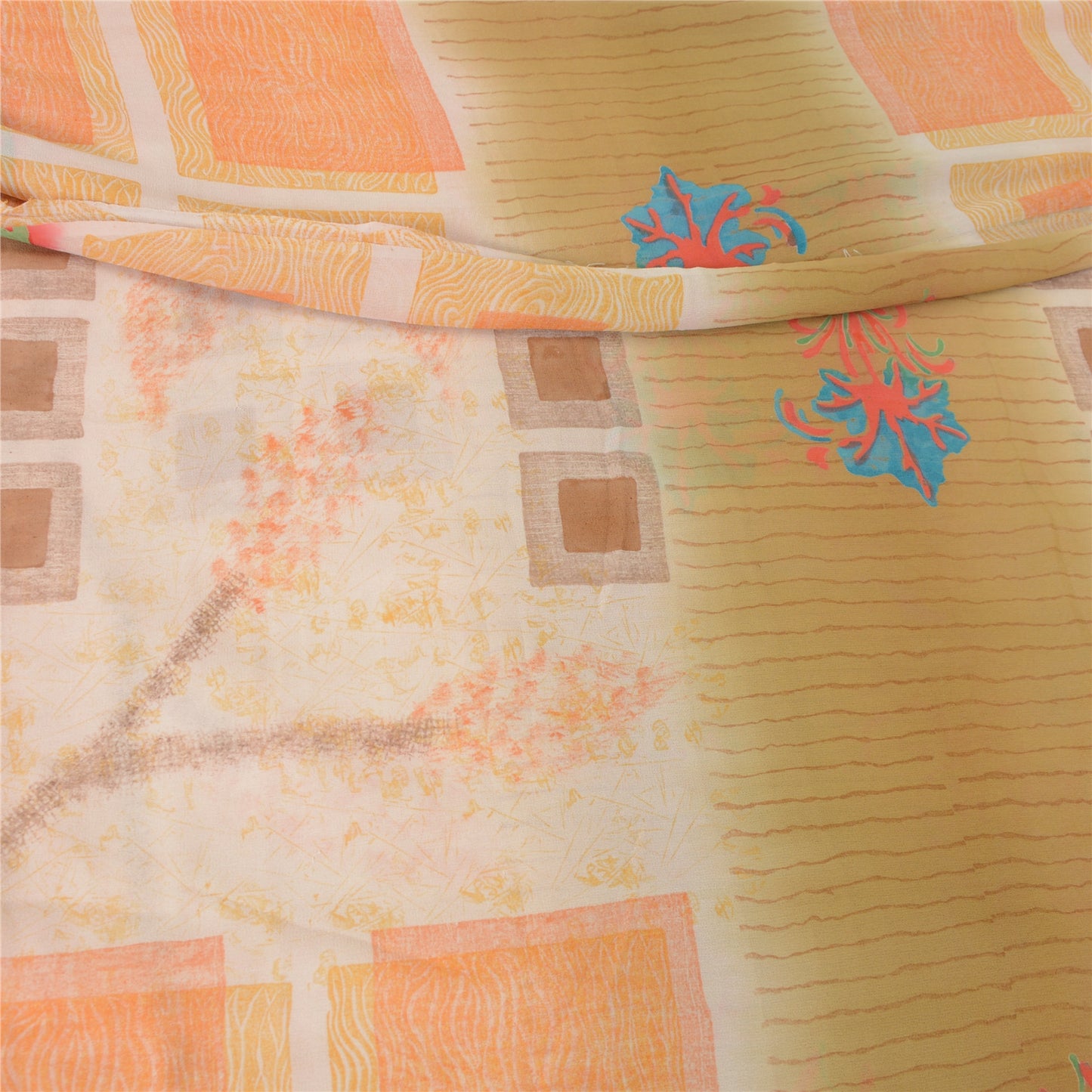 Sanskriti Vintage Ivory Sarees Pure Georgette Printed Sari 5Yd Craft Fabric