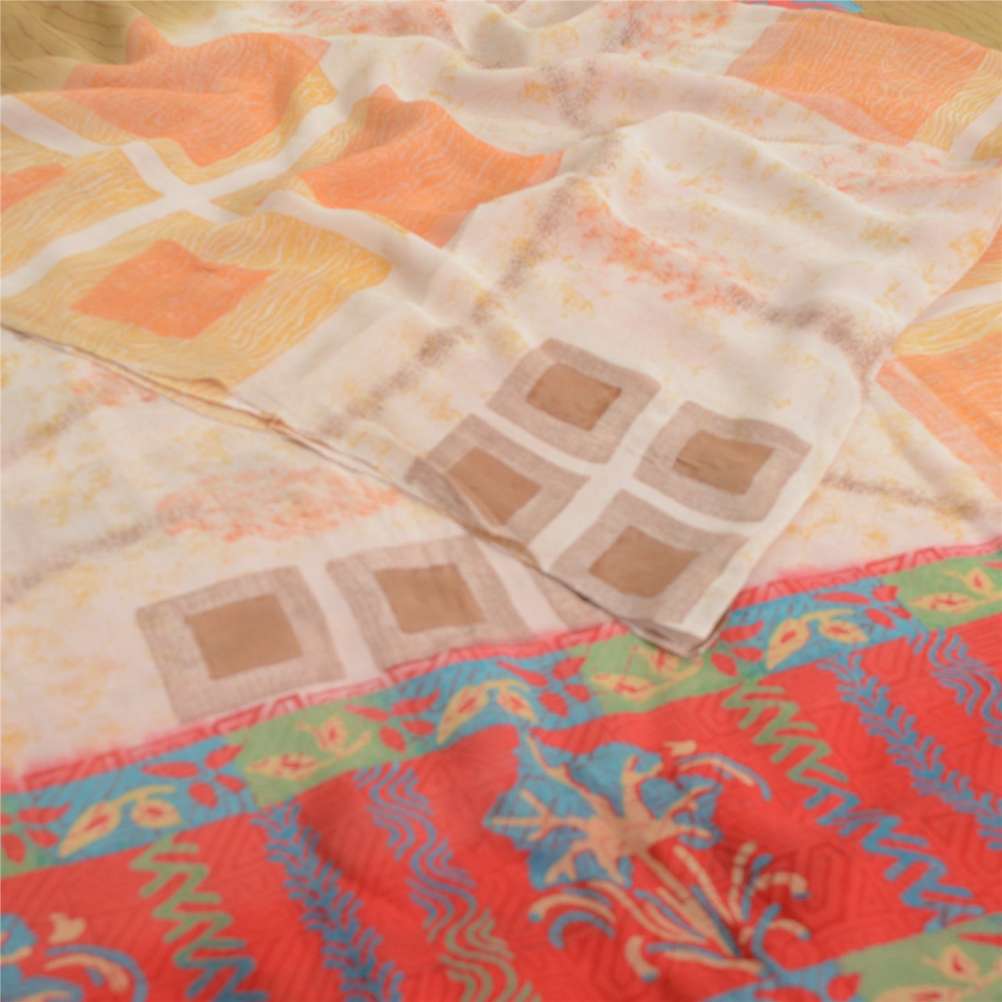 Sanskriti Vintage Ivory Sarees Pure Georgette Printed Sari 5Yd Craft Fabric