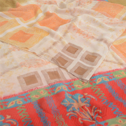 Sanskriti Vintage Ivory Sarees Pure Georgette Printed Sari 5Yd Craft Fabric