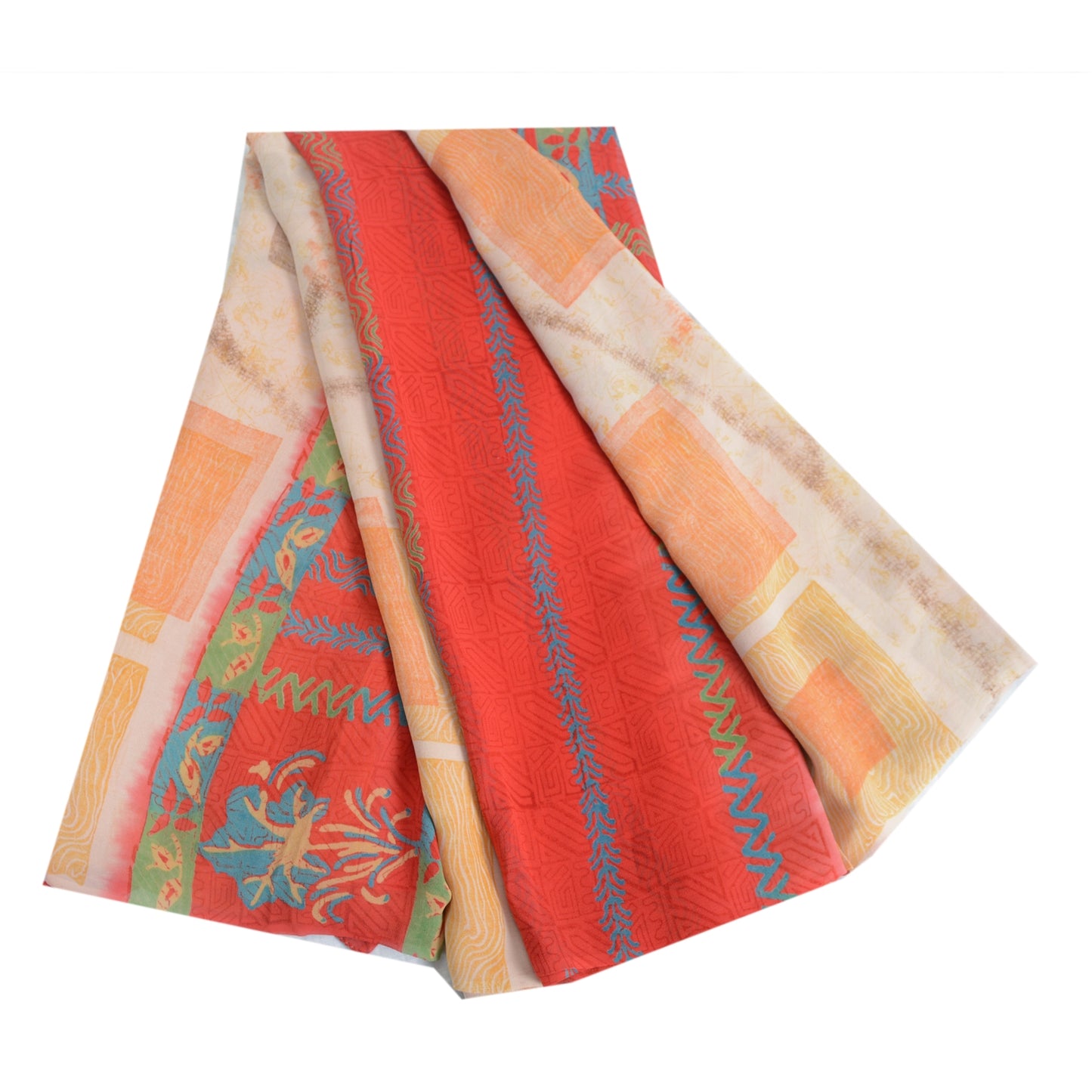 Sanskriti Vintage Ivory Sarees Pure Georgette Printed Sari 5Yd Craft Fabric