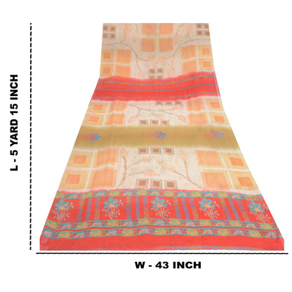Sanskriti Vintage Ivory Sarees Pure Georgette Printed Sari 5Yd Craft Fabric