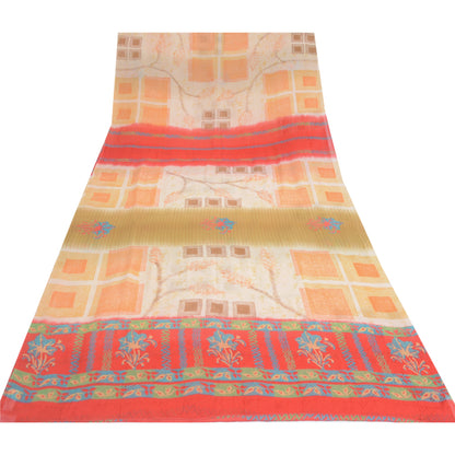 Sanskriti Vintage Ivory Sarees Pure Georgette Printed Sari 5Yd Craft Fabric