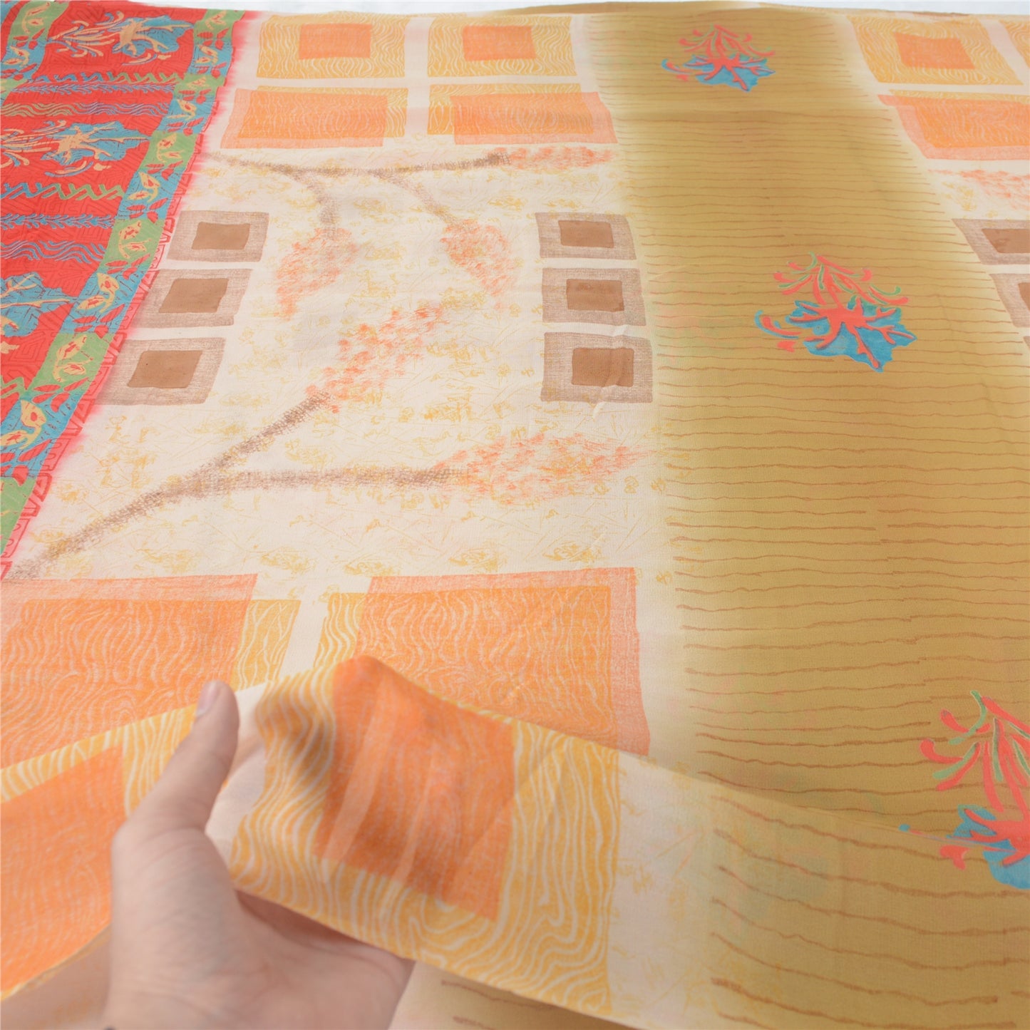 Sanskriti Vintage Ivory Sarees Pure Georgette Printed Sari 5Yd Craft Fabric