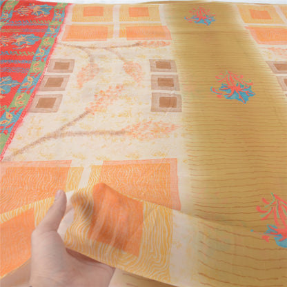Sanskriti Vintage Ivory Sarees Pure Georgette Printed Sari 5Yd Craft Fabric
