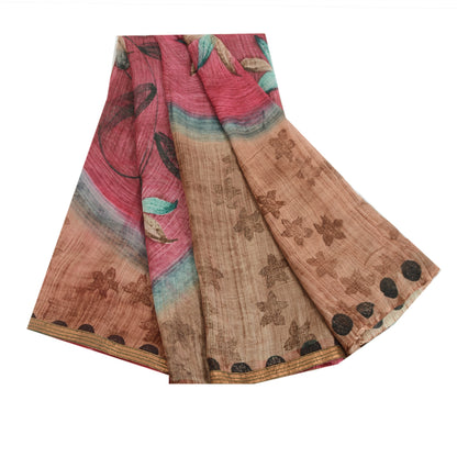 Sanskriti Vintage Brown &Green Sarees Pure Georgette Print Sari 5yd Craft Fabric