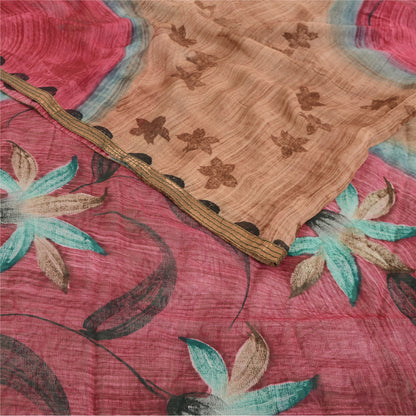 Sanskriti Vintage Brown &Green Sarees Pure Georgette Print Sari 5yd Craft Fabric