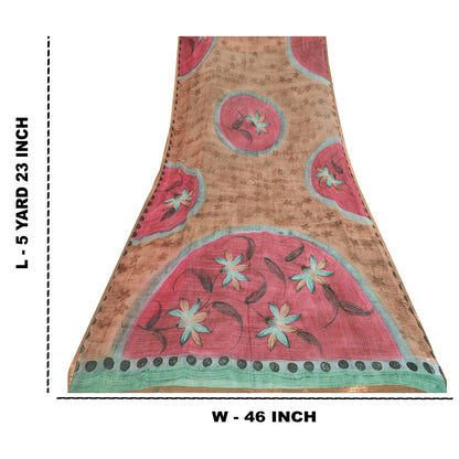 Sanskriti Vintage Brown &Green Sarees Pure Georgette Print Sari 5yd Craft Fabric