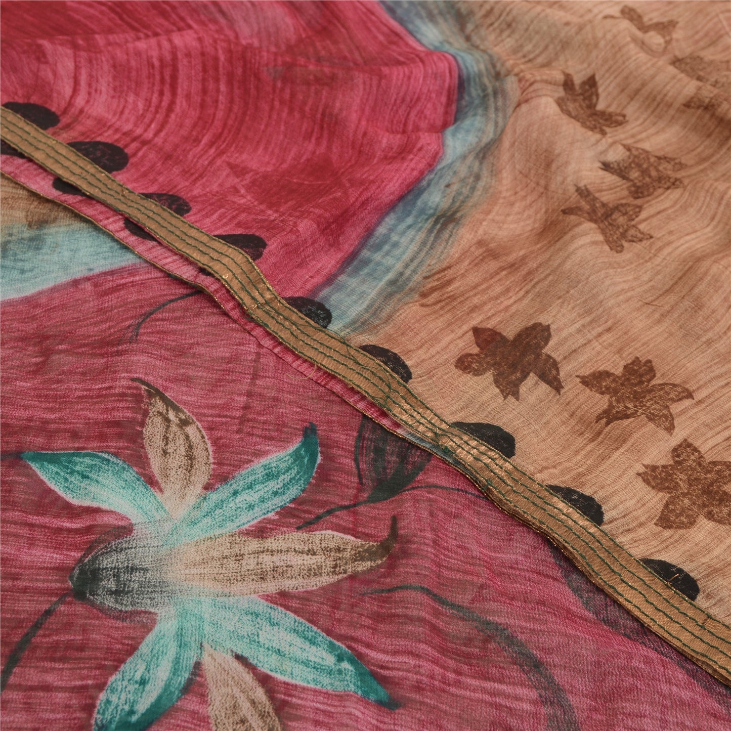 Sanskriti Vintage Brown &Green Sarees Pure Georgette Print Sari 5yd Craft Fabric