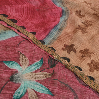 Sanskriti Vintage Brown &Green Sarees Pure Georgette Print Sari 5yd Craft Fabric