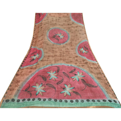 Sanskriti Vintage Brown &Green Sarees Pure Georgette Print Sari 5yd Craft Fabric