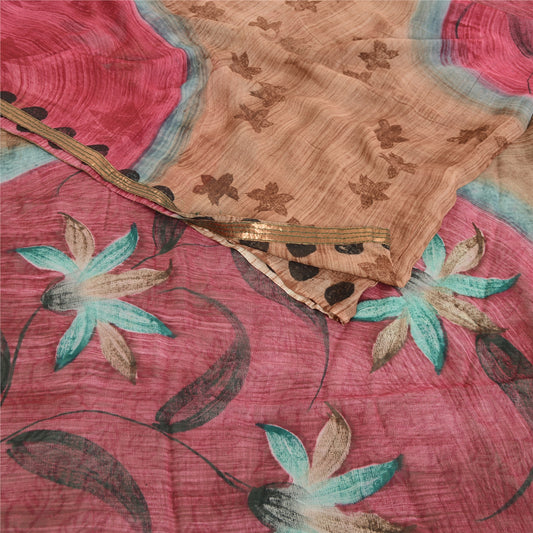 Sanskriti Vintage Brown &Green Sarees Pure Georgette Print Sari 5yd Craft Fabric