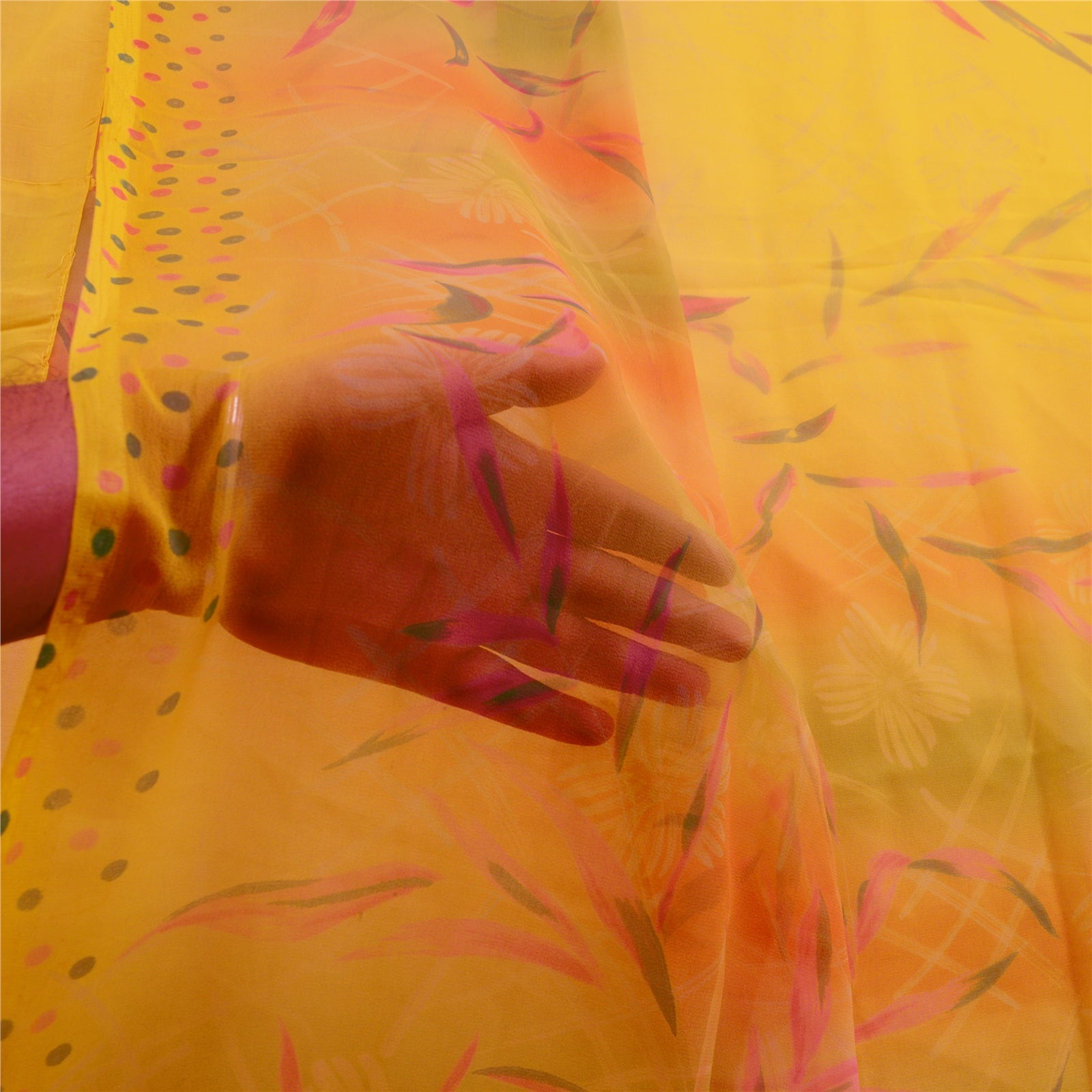 Sanskriti Vintage Yellow From India Sarees Printed Georgette Sari Craft Fabric