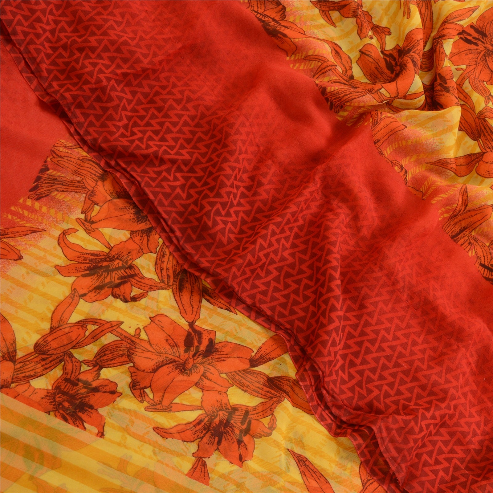 Sanskriti Vintage Yellow Indian Sarees Printed Georgette Sari Craft 5Yard Fabric