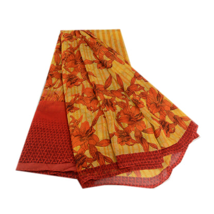 Sanskriti Vintage Yellow Indian Sarees Printed Georgette Sari Craft 5Yard Fabric