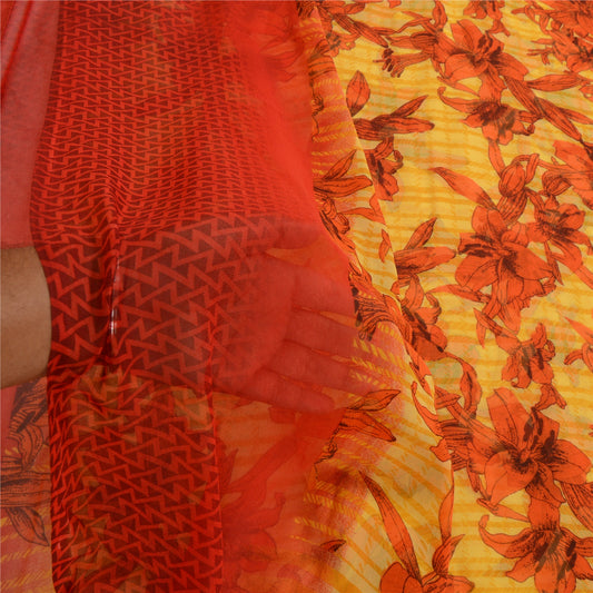 Sanskriti Vintage Yellow Indian Sarees Printed Georgette Sari Craft 5Yard Fabric