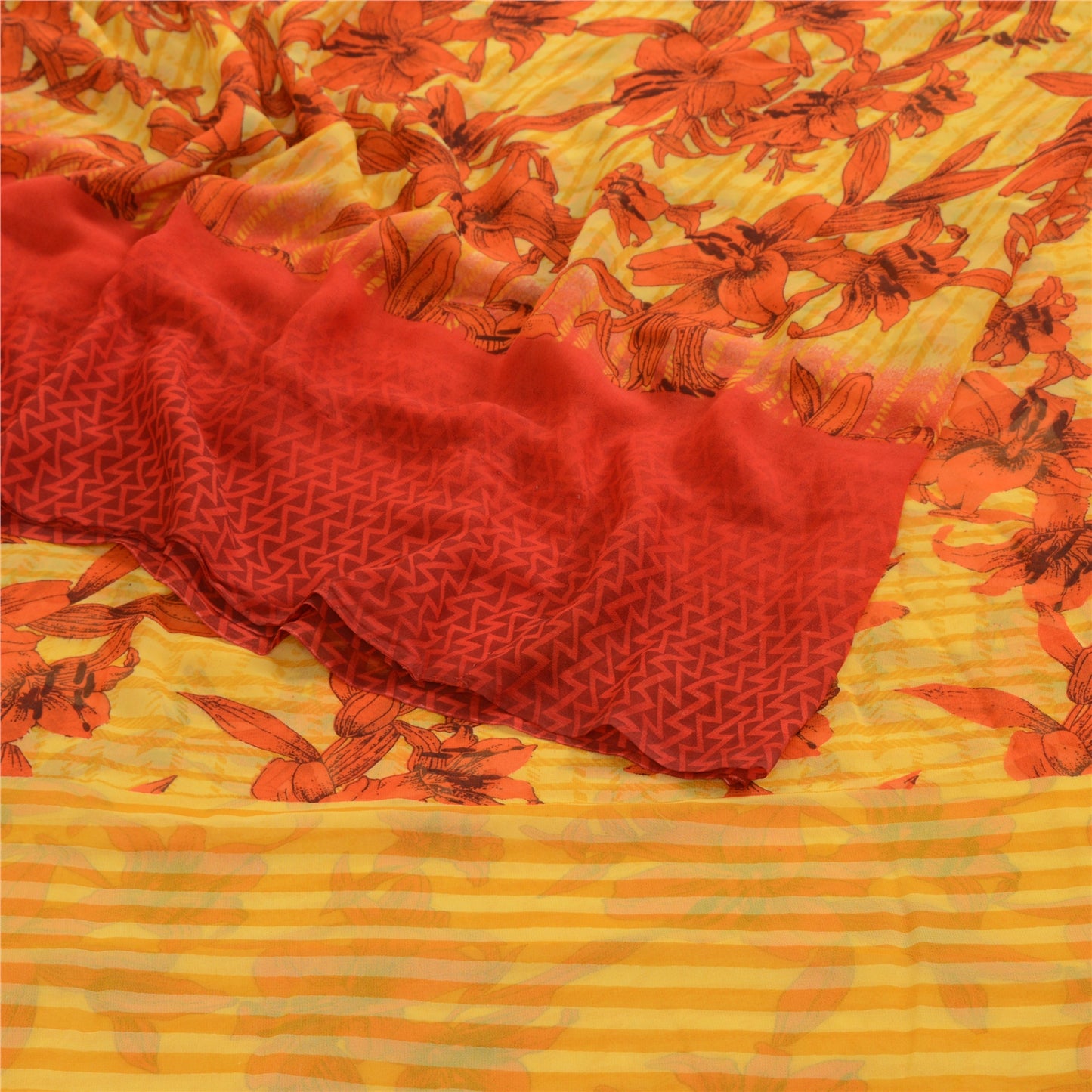 Sanskriti Vintage Yellow Indian Sarees Printed Georgette Sari Craft 5Yard Fabric