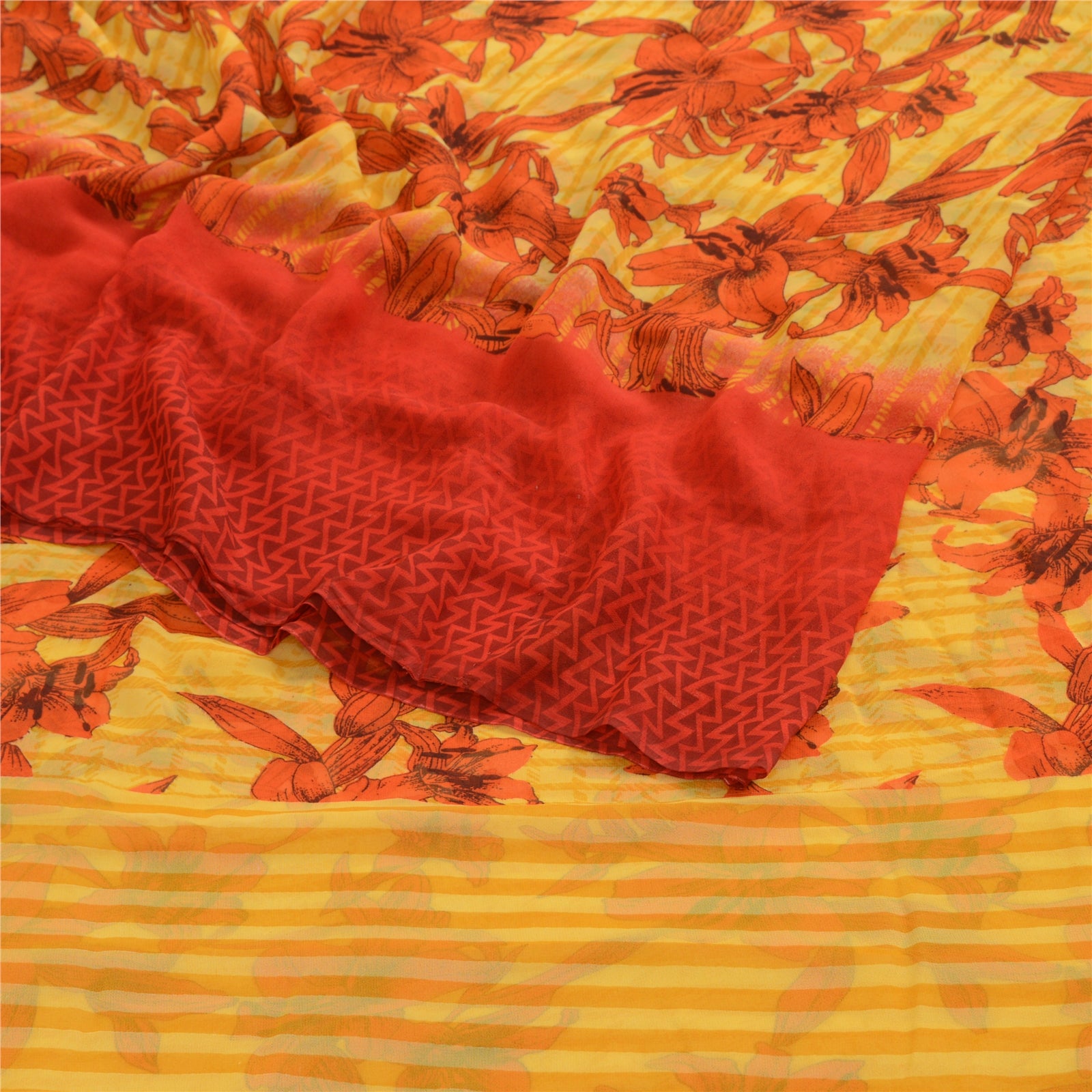 Sanskriti Vintage Yellow Indian Sarees Printed Georgette Sari Craft 5Yard Fabric