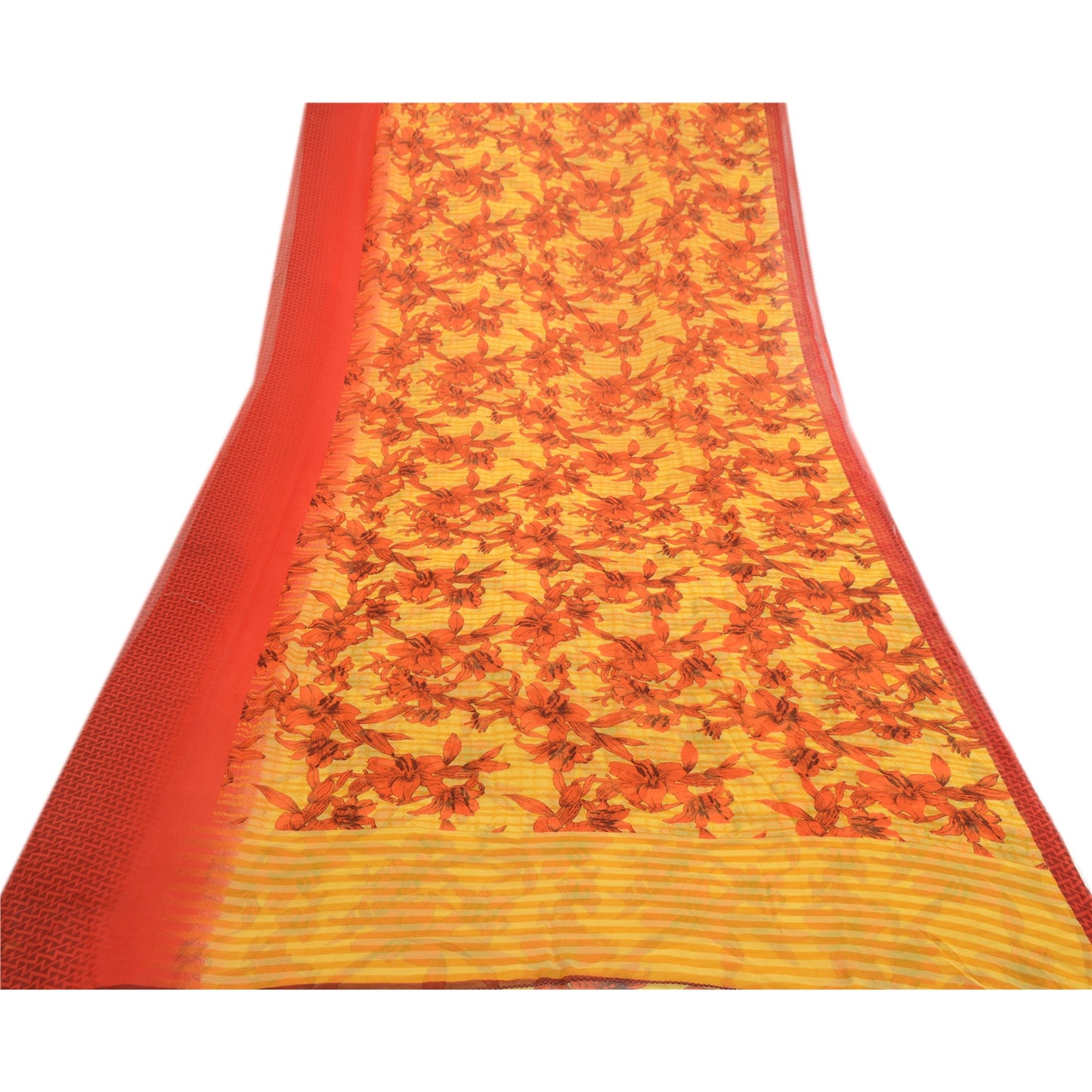 Sanskriti Vintage Yellow Indian Sarees Printed Georgette Sari Craft 5Yard Fabric